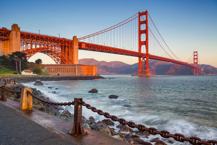 Golden Gate Bridge in Mist, San Francisco California Landmark, Vintage,  Orange, Beige Mist on the Golden Gate 